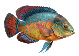 colorful oscar river fish isolated on white background, PNG