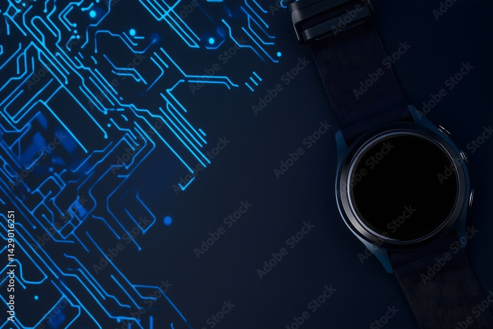 Poster top view of a modern smartwatch with a blank screen laying on a dark blue background with a glowing 