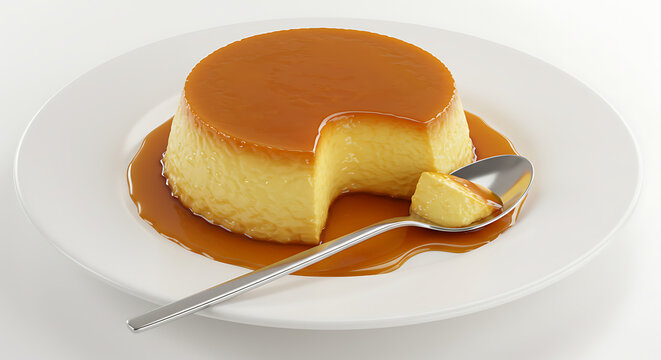 A serving of pudim (Brazilian flan) with caramel sauce dripping on the sides, on a white plate with a spoon, isolated on a white background