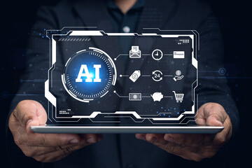 A person holds a tablet displaying a digital interface with AI-related icons, symbolizing technology and innovation in artificial intelligence.