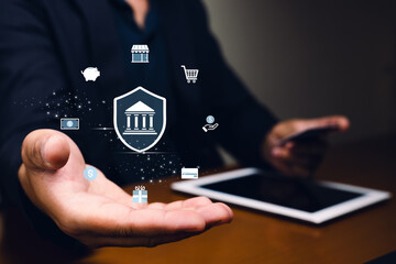 A person holds a tablet, showcasing digital financial icons above their hand, symbolizing online banking and secure transactions.