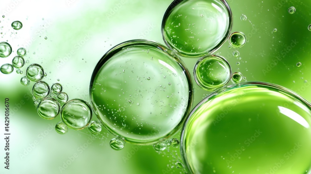 Poster multiple green bubbles of varying sizes are floating and reflecting light, creating a mesmerizing ab