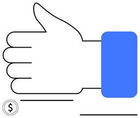Large thumbs-up gesture in blue sleeve alongside dollar symbol, representing agreement, support, financial approval, success, reward, trust, and positivity. Ideal for business finance feedback