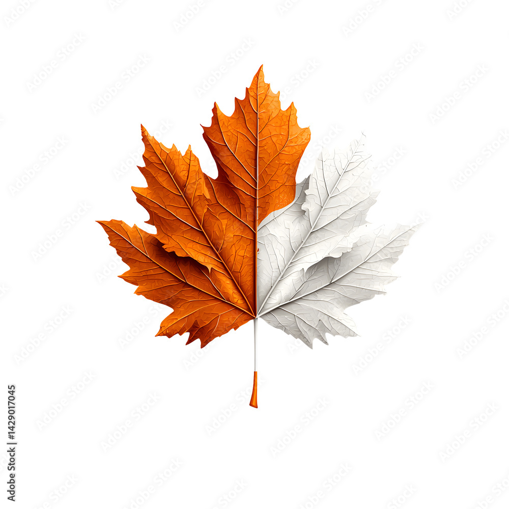 Poster a close up view of a vibrant multicolored maple leaf in shades of orange and red with a contrasting 