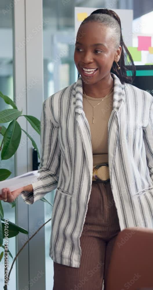 Poster Presentation, creative and business black woman in meeting for tech startup, music app prototype and project. Developers, sound search algorithm and discussion with person in office for pitch