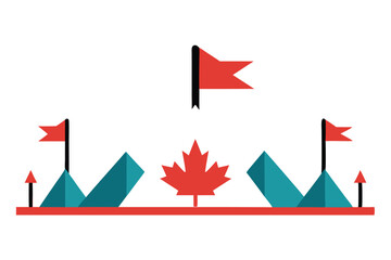 Minimalist illustration featuring Canadian symbols and geometric mountain landscapes with flags