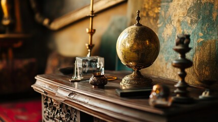 Antique globe and decor on vintage wooden cabinet