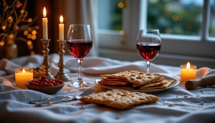 Naklejka premium A tranquil evening scene with candles, wine, and matzah under soft lighting.