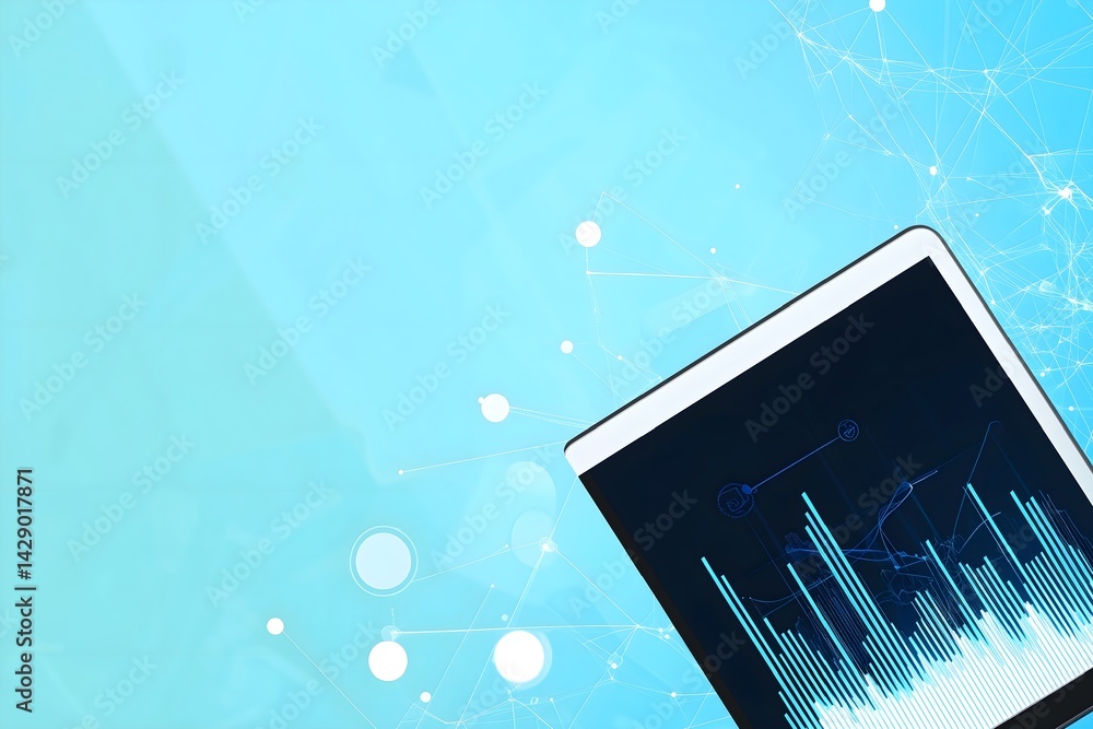 Poster digital tablet displaying financial data analytics and stock market charts on a futuristic backgroun