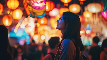 Obraz premium Woman smiles, gazing at lanterns, festival crowd, night