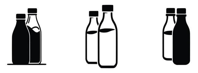 Milk bottles black and white icon set vector dairy food beverage illustration