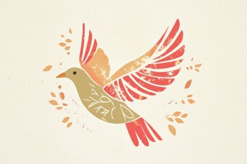 Obraz premium Elegant Red Orange Bird Flying Leaves Design Illustration art avian wings peace color style image 