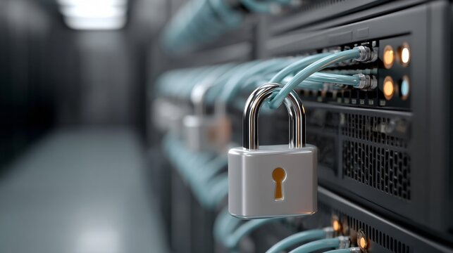 A high resolution shot of a secure server rack with glowing blue network cables and padlock icons overlaid on a dark data center floor