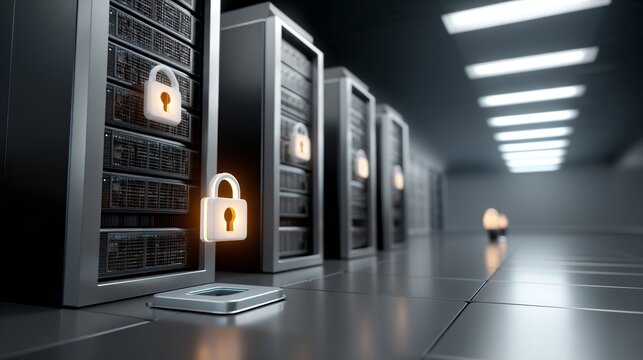 A high resolution shot of a secure server rack with glowing blue network cables and padlock icons overlaid on a dark data center floor