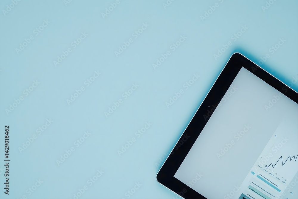 Poster flat lay top view of a modern digital tablet showing a business data graph on a clean blue backgroun