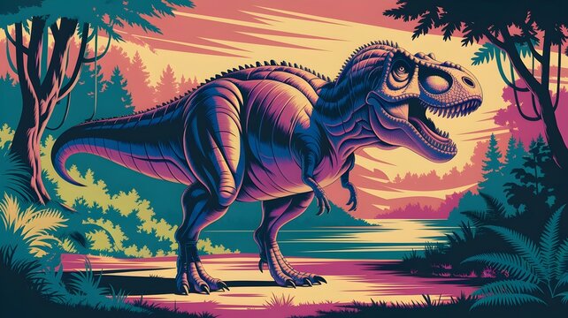 A prehistoric scene showcasing a Tyrannosaurus Rex, set against a backdrop of lush trees and vibrant colors. The artwork embodies the essence of the ancient era.