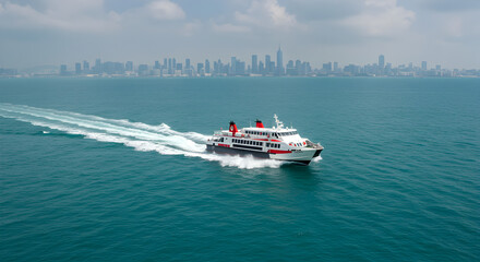 Obraz premium White and Red Boat Sailing in Blue Sea with Distant City Skyline Under Cloudy Sky on Sunny Day