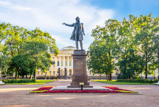 St. Petersburg, Russia - June 26, 2024: Monument to Alexander Pushkin against the backdrop of the Russian Museum building in St. Petersburg.