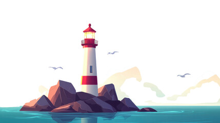 Cartoon Lighthouse Standing on Rocky Island Isolated on White Background
