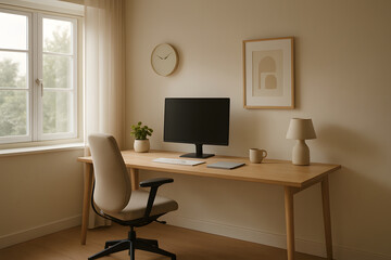 Modern minimalist workspace with Scandinavian inspired home office desk, ergonomic chair, and desktop monitor in a naturally lit serene environment... Home decor.