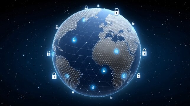 A stylized digital art of a globe encircled by encrypted network lines and floating padlock icons on a dark starfield background