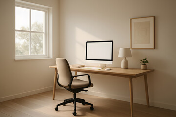 Stylish minimalist home office with wooden desk, black monitor and soft daylight. Perfect interior design for creative professionals and remote work environment... Home Decor.