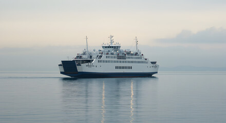 White and Blue Ferry Sailing Smoothly on Water Reflecting a Soft Sky During Daytime