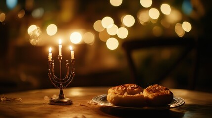 Menorah, challah, festive, outdoor, night, table, lights, celebration,  Hanukkah,  dinner