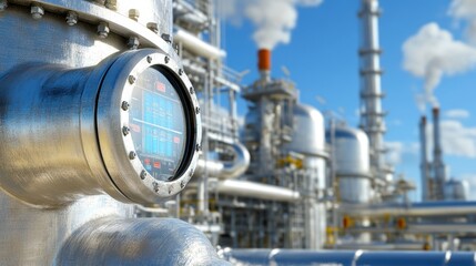 Industrial Refinery Plant with Digital Gauge and Bright Sky