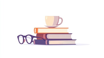 Stack of books, a cup of coffee, and glasses.  Relaxing study space