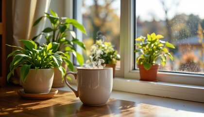 Fototapeta premium Scenic view of a steaming mug beside a sunny window and indoor plants.