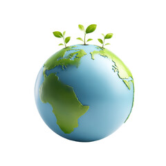 Stylized earth globe with green continents and sprouts growing from the top