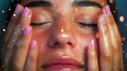 Obraz premium Iridescent Glitter on Woman's Face, Soft Lighting, Close up Portrait