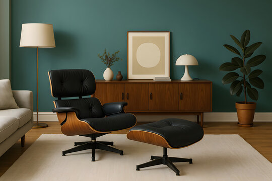 Retro-inspired modern living room with vintage furniture and teal painted accent wall. Elegant interior with Eames-style lounge chair and minimalist artwork... Home Decor.