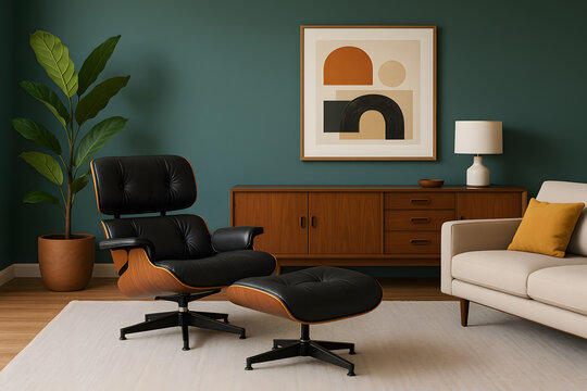 Mid-century modern living room with Eames lounge chair, teak sideboard and teal walls. Stylish retro interior design with modernist decor and natural wood furniture... Home Decor.