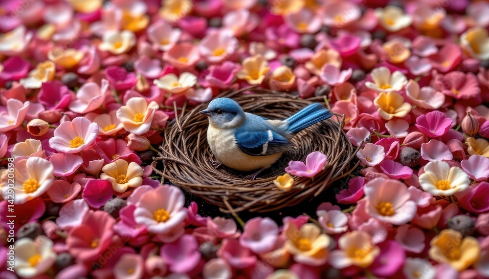 Poster Artistic creation of a bird nested in an intricate landscape of petals.