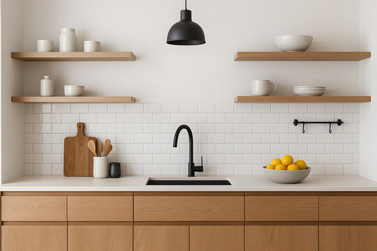 Sleek modern kitchen with white subway tile backsplash, light wood drawers, and black faucet. Minimalist interior style for home design and renovation projects... Home Decor.