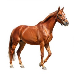 Obraz premium A chestnut horse with a bridle walking on a white background in a studio setting showing full body
