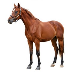 Obraz premium A chestnut horse stands in full view against a white background with a bridle on its head ready to ride