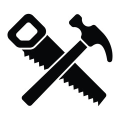 Hammer and hand saw vector icon. Black silhouette illustration of construction tools for carpentry, DIY, handyman or repair design.