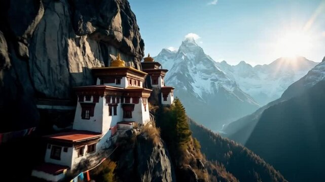 Mountains with village on top. Smooth repeating motion for background video animation.