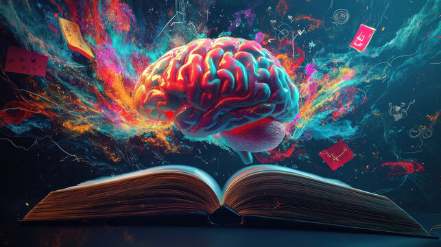 A vibrant brain, its neurons exploding in a symphony of color, cradles an open book, its pages filled with intricate sketches and symbols, sparking an idea and inspiring creativity in a 3D illustratio