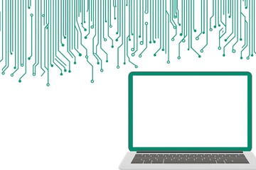 Abstract green circuit board pattern flowing towards a modern laptop computer with a blank screen for copy space on a white background. Digital technology and data stream concept vector illustration