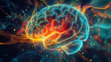 Fototapeta premium A vibrant brain, pulsating with a kaleidoscope of ideas, bursts forth from its protective skull, its surface adorned with swirling colors and dynamic lines, symbolizing the limitless potential 