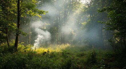 Morning Light Filters Through Misty Forest Landscape In Early Summer
