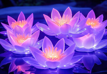 Glowing purple lotus flowers illuminate serene pond, creating tranquil atmosphere