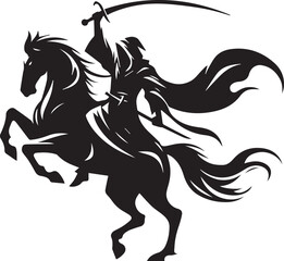 Silhouette of Medieval Warrior on Horse with Sword – Vector Art	