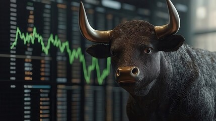 Cryptocurrency bullish up trend bull market Bull in front of stock market data visualization and green trend line.