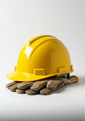 A bright yellow hard hat and work gloves ready to be used for construction work.
