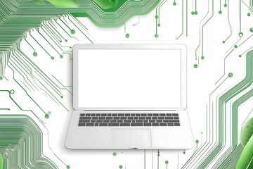 A modern laptop computer with a blank white screen for mockup, set against a background of a green circuit board pattern inspired by leaves, symbolizing sustainable and eco-friendly technology